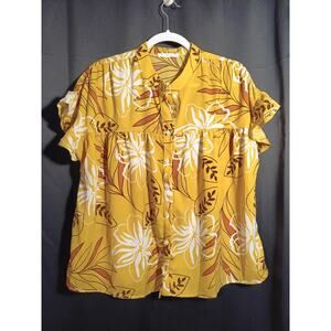 Ces Femme Medium Mustard Yellow Floral Flowy Button Up Summer Vacation